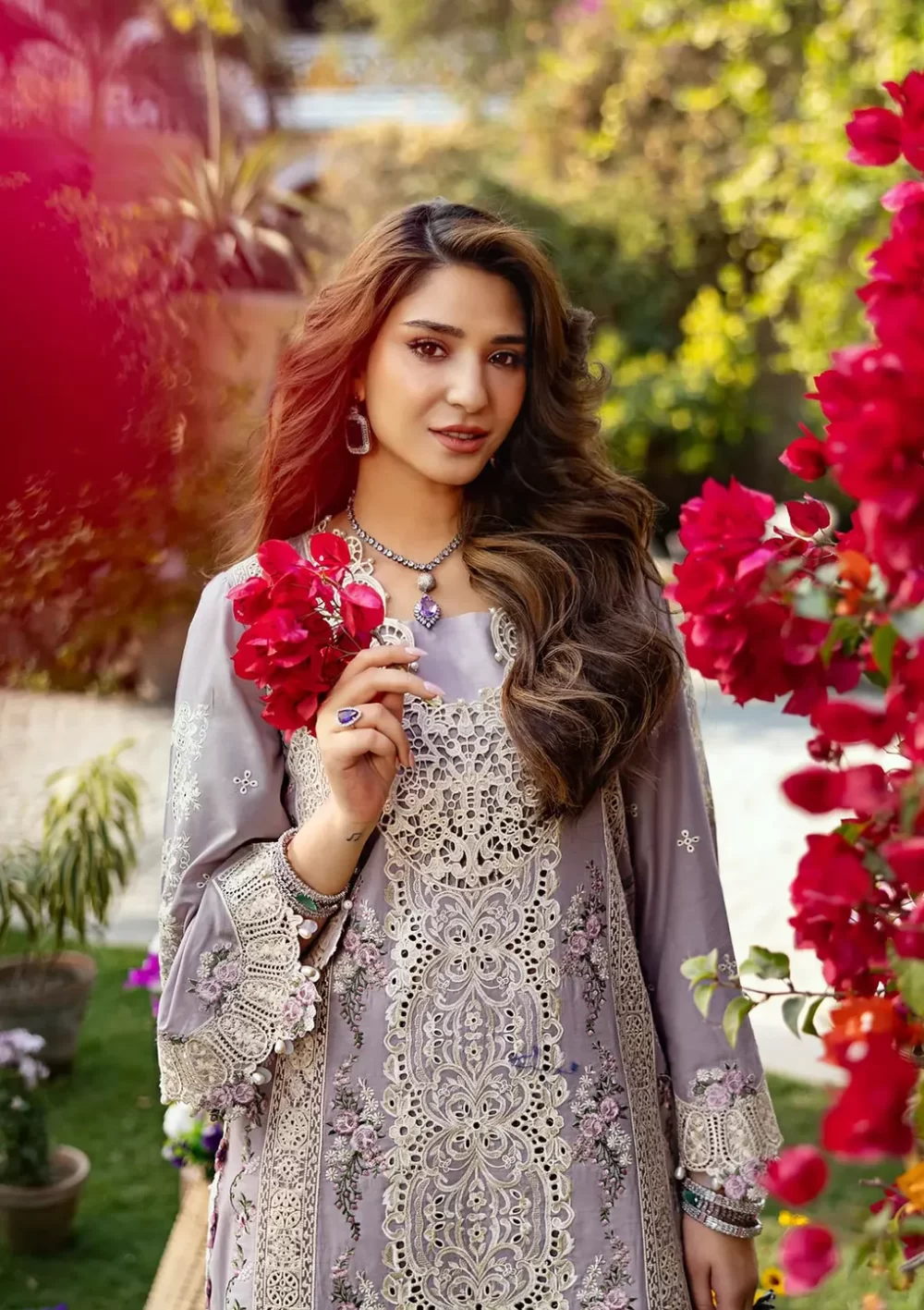 elaf, luxury lawn 25’ , 3 PIECE SUIT , unstitched, lawn , purple color , Elm-01a, FRONT shirt