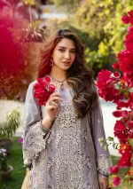 elaf, luxury lawn 25’ , 3 PIECE SUIT , unstitched, lawn , purple color , Elm-01a, FRONT shirt