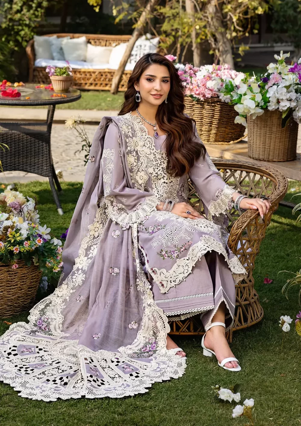 elaf, luxury lawn 25’ , 3 PIECE SUIT , unstitched, lawn , purple color , Elm-01a, FRONT full suit