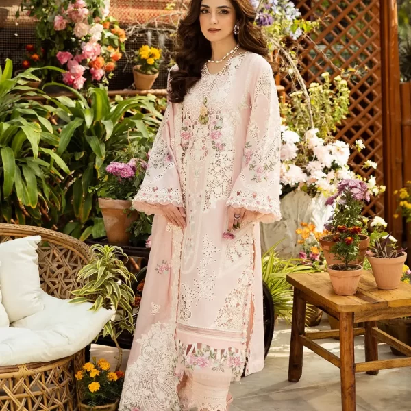elaf, luxury lawn 25’ , 3 PIECE SUIT , unstitched, lawn , blush pink color , Elm-2a, FRONT