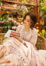 elaf, luxury lawn 25’ , 3 PIECE SUIT , unstitched, lawn , blush pink color , Elm-2a, FRONT look