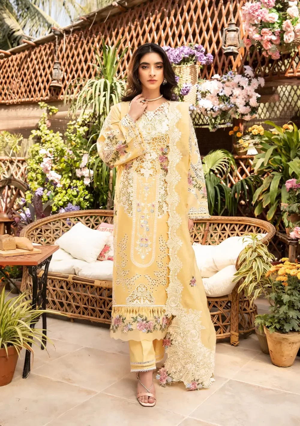 elaf, luxury lawn 25’ , 3 PIECE SUIT , unstitched, lawn , yellow color , Elm-2b, FRONT