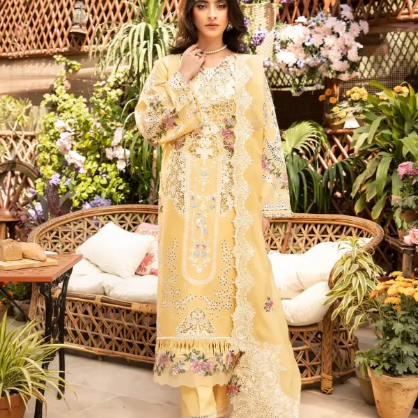 elaf, luxury lawn 25’ , 3 PIECE SUIT , unstitched, lawn , yellow color , Elm-2b, FRONT