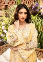 elaf, luxury lawn 25’ , 3 PIECE SUIT , unstitched, lawn , yellow color , Elm-2b, sleeves