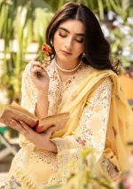 elaf, luxury lawn 25’ , 3 PIECE SUIT , unstitched, lawn , yellow color , Elm-2b, FRONT look
