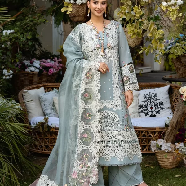 elaf, luxury lawn 25’ , 3 PIECE SUIT , unstitched, lawn , sky blue color , Elm-3b, FRONT