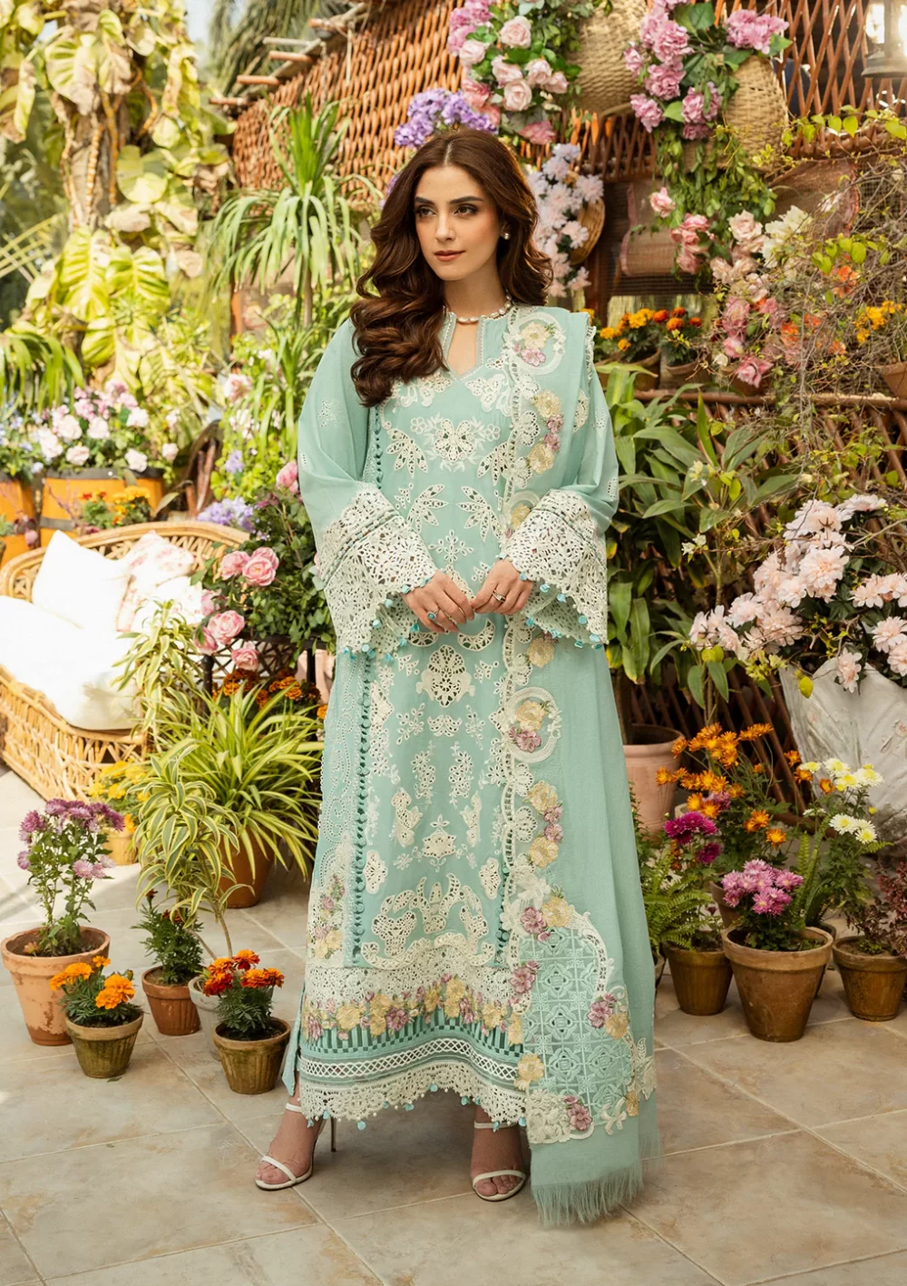 elaf, luxury lawn 25’ , 3 PIECE SUIT , unstitched, lawn , aqua blue color , Elm-7a, front