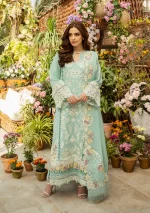elaf, luxury lawn 25’ , 3 PIECE SUIT , unstitched, lawn , aqua blue color , Elm-7a, front