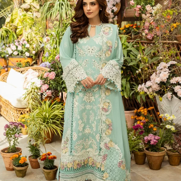 elaf, luxury lawn 25’ , 3 PIECE SUIT , unstitched, lawn , aqua blue color , Elm-7a, front