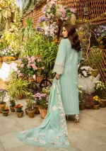 elaf, luxury lawn 25’ , 3 PIECE SUIT , unstitched, lawn , aqua blue color , Elm-7a, back