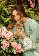 elaf, luxury lawn 25’ , 3 PIECE SUIT , unstitched, lawn , aqua blue color , Elm-7a, sleeves