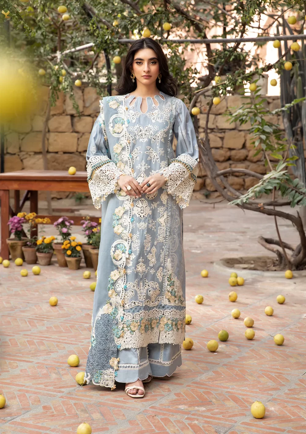 elaf, luxury lawn 25’ , 3 PIECE SUIT , unstitched, lawn , ice blue color , Elm-7b, front
