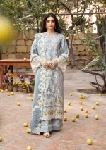 elaf, luxury lawn 25’ , 3 PIECE SUIT , unstitched, lawn , ice blue color , Elm-7b, front