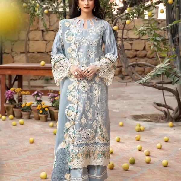 elaf, luxury lawn 25’ , 3 PIECE SUIT , unstitched, lawn , ice blue color , Elm-7b, front