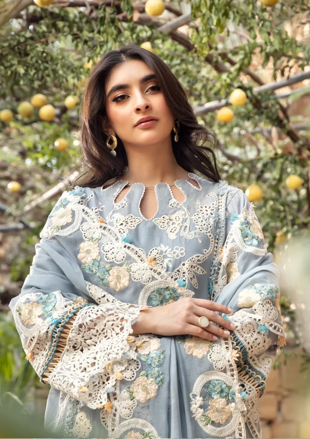 elaf, luxury lawn 25’ , 3 PIECE SUIT , unstitched, lawn , ice blue color , Elm-7b, dupatta
