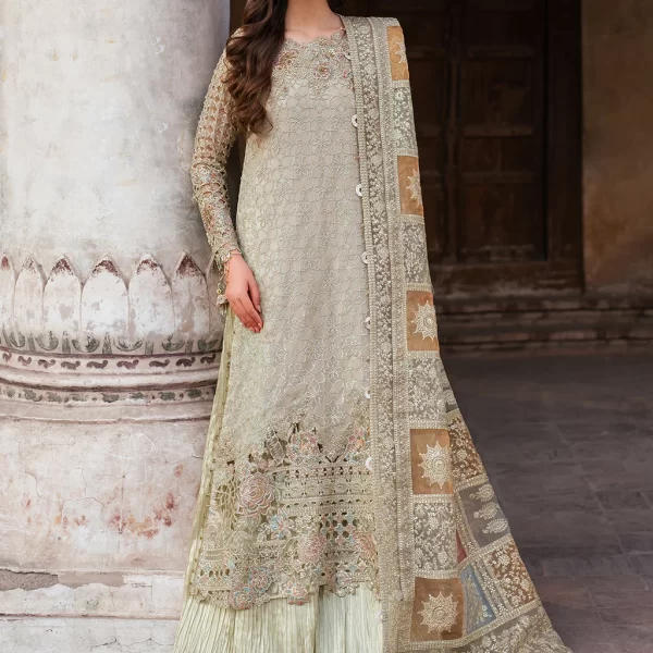 Iznik, luxury chiffon, 25’ , 3 PIECE SUIT , unstitched, chiffon , OFFWHITE, ILC-02, FRONT