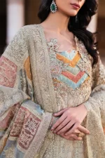 Iznik, luxury chiffon, 25’ , 3 PIECE SUIT , unstitched, chiffon , OFFWHITE, ILC-02, FRONT, NECK
