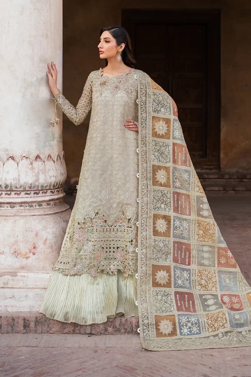 Iznik, luxury chiffon, 25’ , 3 PIECE SUIT , unstitched, chiffon , OFFWHITE, ILC-02, FRONT SHIRT , DUPATTA