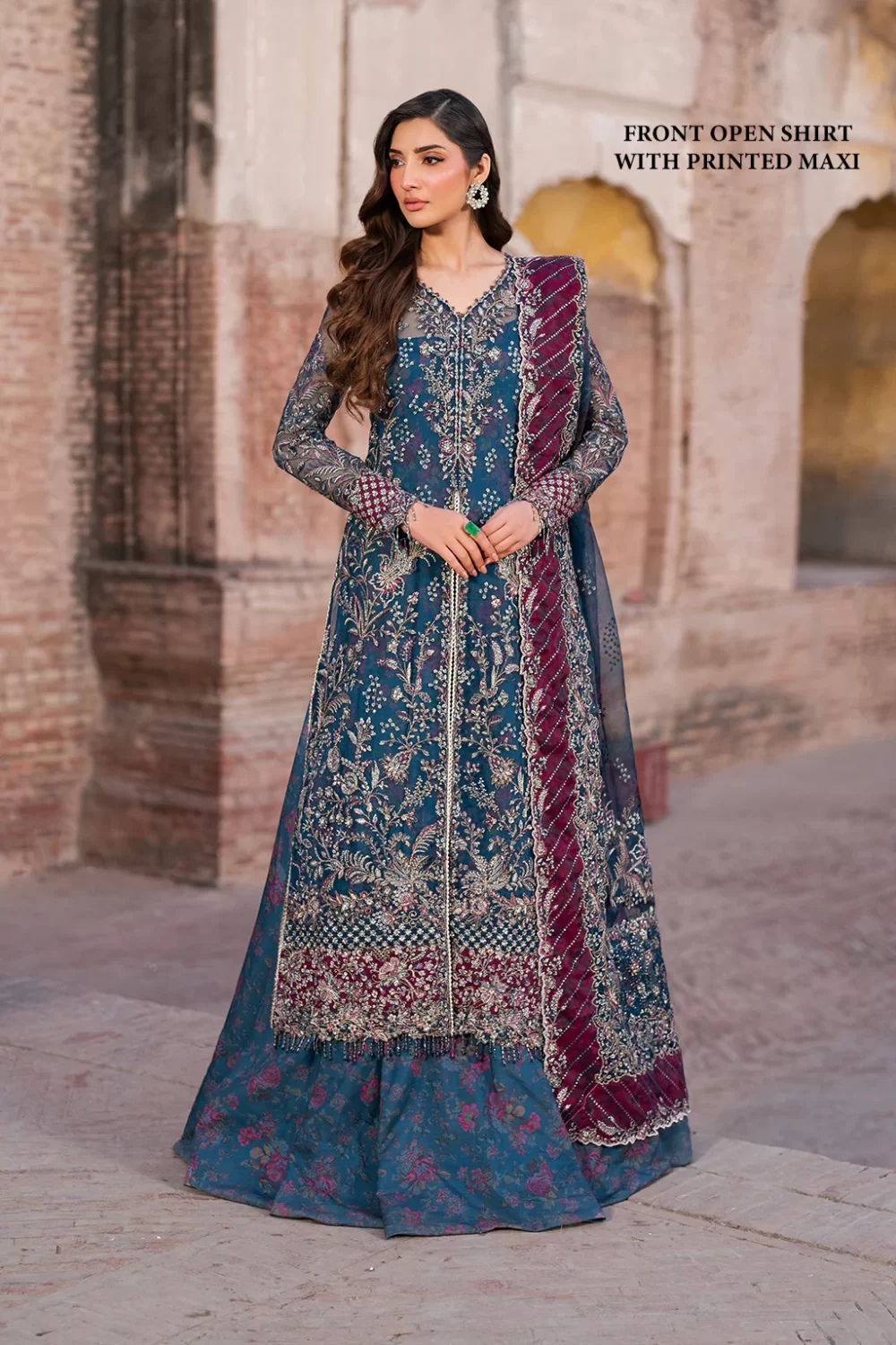 Iznik, luxury chiffon, 25’ , 3 PIECE SUIT , unstitched, chiffon , blue , ILC-03, FRONT open shirt with sharara