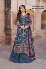 Iznik, luxury chiffon, 25’ , 3 PIECE SUIT , unstitched, chiffon , blue , ILC-03, FRONT open shirt with sharara