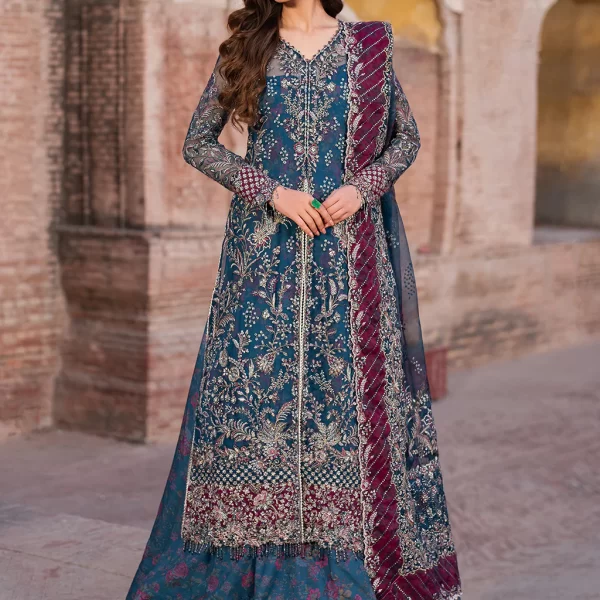 Iznik, luxury chiffon, 25’ , 3 PIECE SUIT , unstitched, chiffon , blue , ILC-03, FRONT open shirt with sharara