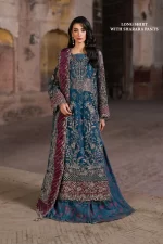 Iznik, luxury chiffon, 25’ , 3 PIECE SUIT , unstitched, chiffon , blue , ILC-03, FRONT, long shirt with sharara pants