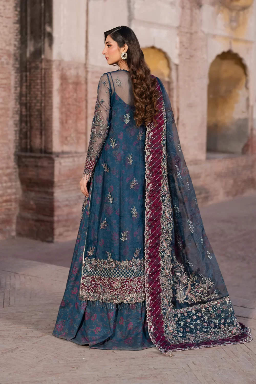 Iznik, luxury chiffon, 25’ , 3 PIECE SUIT , unstitched, chiffon , blue , ILC-03, back