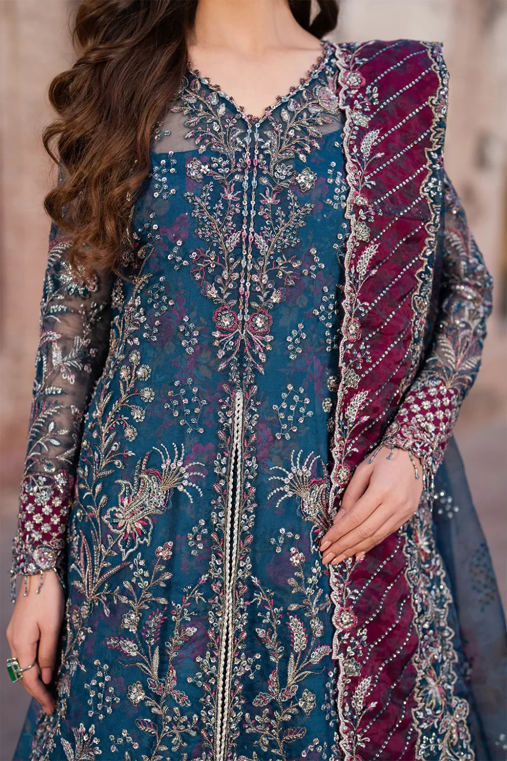 Iznik, luxury chiffon, 25’ , 3 PIECE SUIT , unstitched, chiffon , blue , ILC-03, FRONT neck