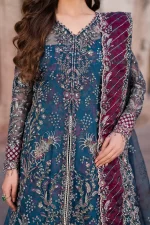 Iznik, luxury chiffon, 25’ , 3 PIECE SUIT , unstitched, chiffon , blue , ILC-03, FRONT neck