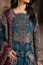 Iznik, luxury chiffon, 25’ , 3 PIECE SUIT , unstitched, chiffon , blue , ILC-03, FRONT neck new style