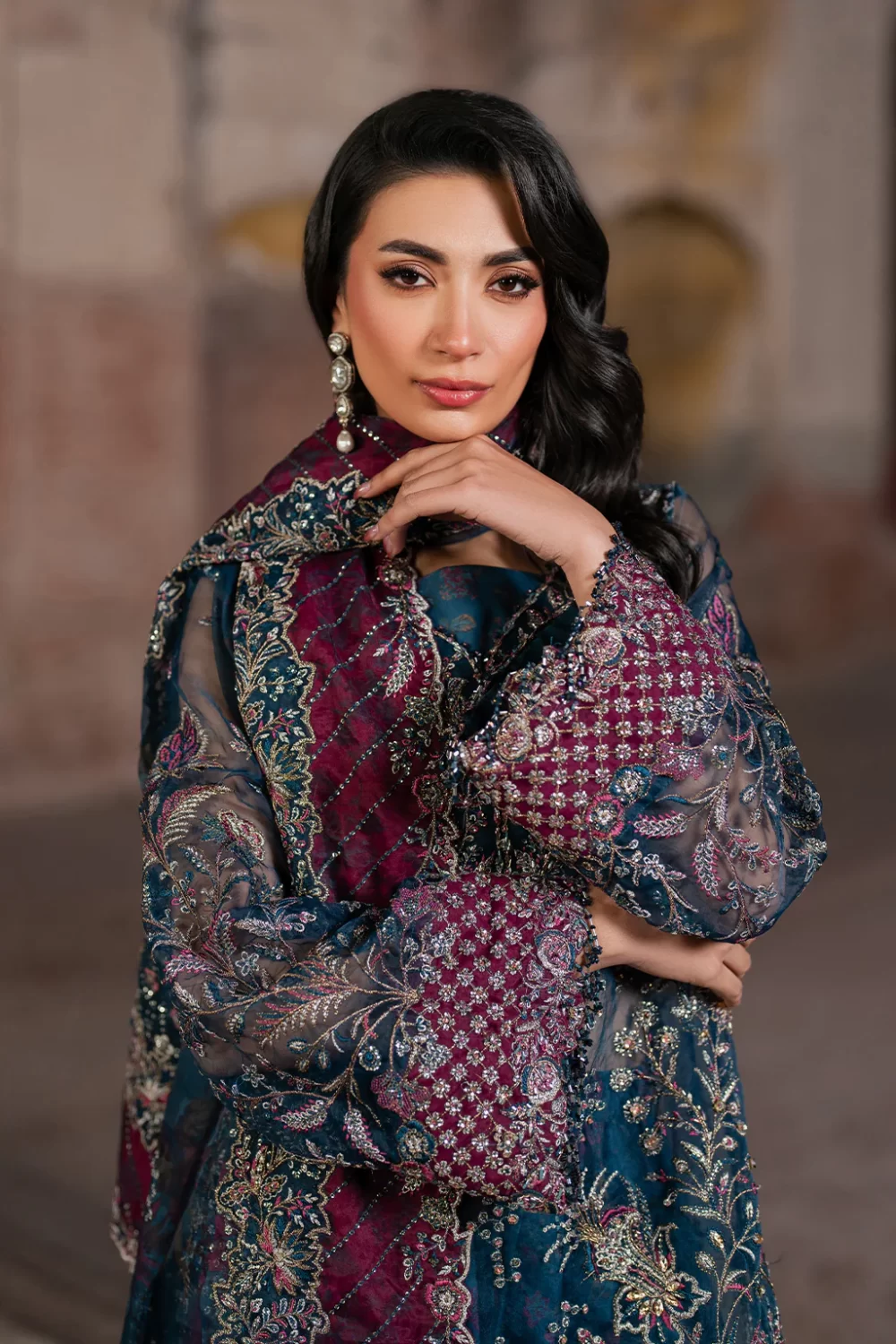 Iznik, luxury chiffon, 25’ , 3 PIECE SUIT , unstitched, chiffon , blue , ILC-03, sleeves style