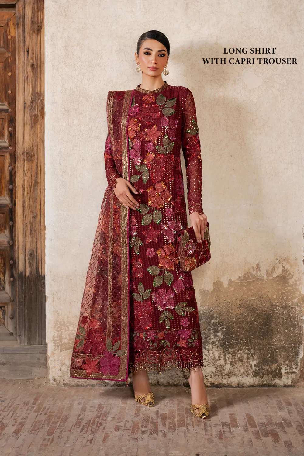 Iznik, luxury chiffon, 25’ , 3 PIECE SUIT , unstitched, chiffon , red , ILC-05, FRONT, long shirt with capri trouser