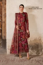 Iznik, luxury chiffon, 25’ , 3 PIECE SUIT , unstitched, chiffon , red , ILC-05, FRONT, long shirt with capri trouser