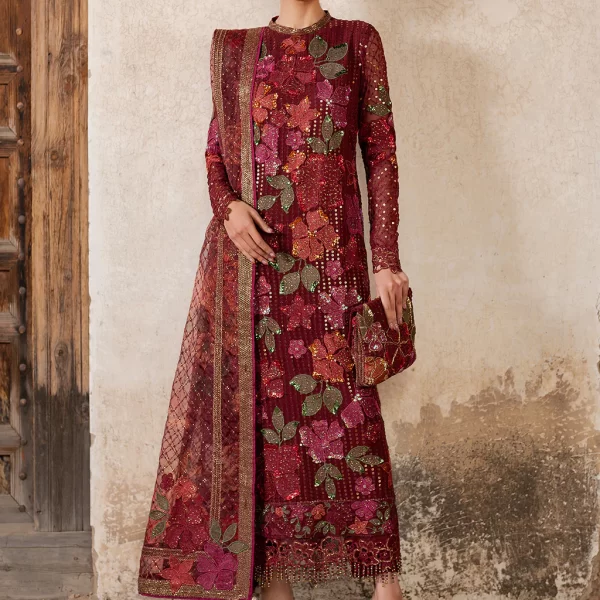 Iznik, luxury chiffon, 25’ , 3 PIECE SUIT , unstitched, chiffon , red , ILC-05, FRONT, long shirt with capri trouser