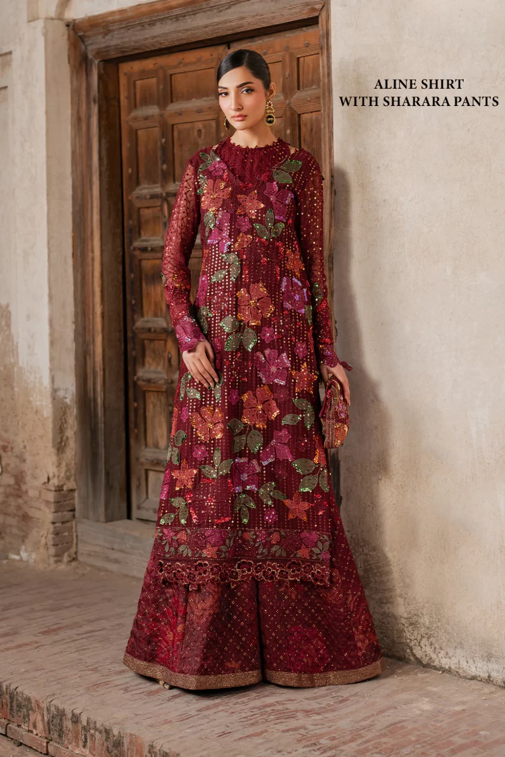 Iznik, luxury chiffon, 25’ , 3 PIECE SUIT , unstitched, chiffon , red , ILC-05, FRONT, aline shirt with sharara pants