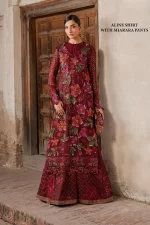 Iznik, luxury chiffon, 25’ , 3 PIECE SUIT , unstitched, chiffon , red , ILC-05, FRONT, aline shirt with sharara pants
