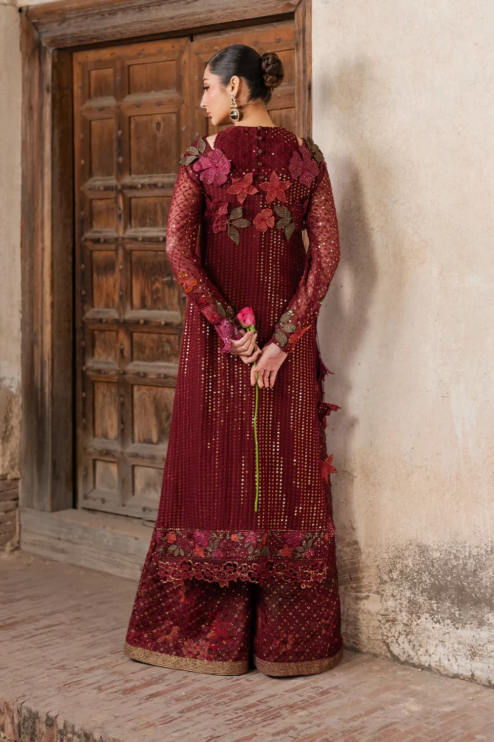 Iznik, luxury chiffon, 25’ , 3 PIECE SUIT , unstitched, chiffon , red , ILC-05, back