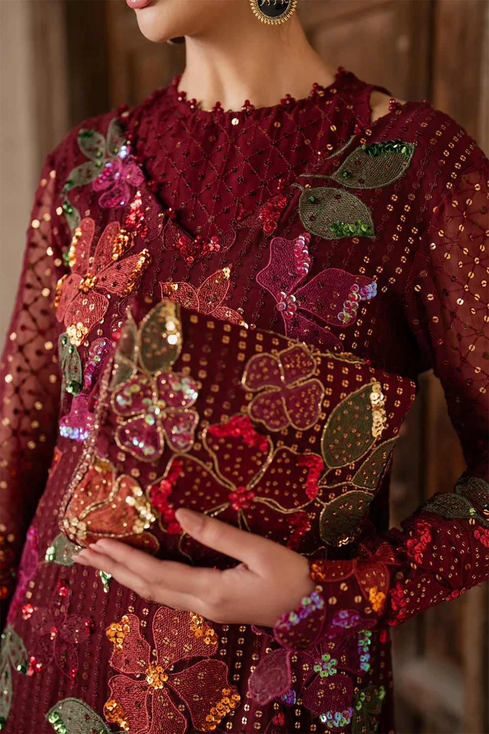 Iznik, luxury chiffon, 25’ , 3 PIECE SUIT , unstitched, chiffon , red , ILC-05, FRONT neck