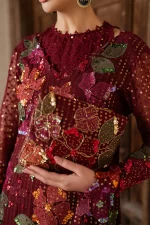 Iznik, luxury chiffon, 25’ , 3 PIECE SUIT , unstitched, chiffon , red , ILC-05, FRONT neck