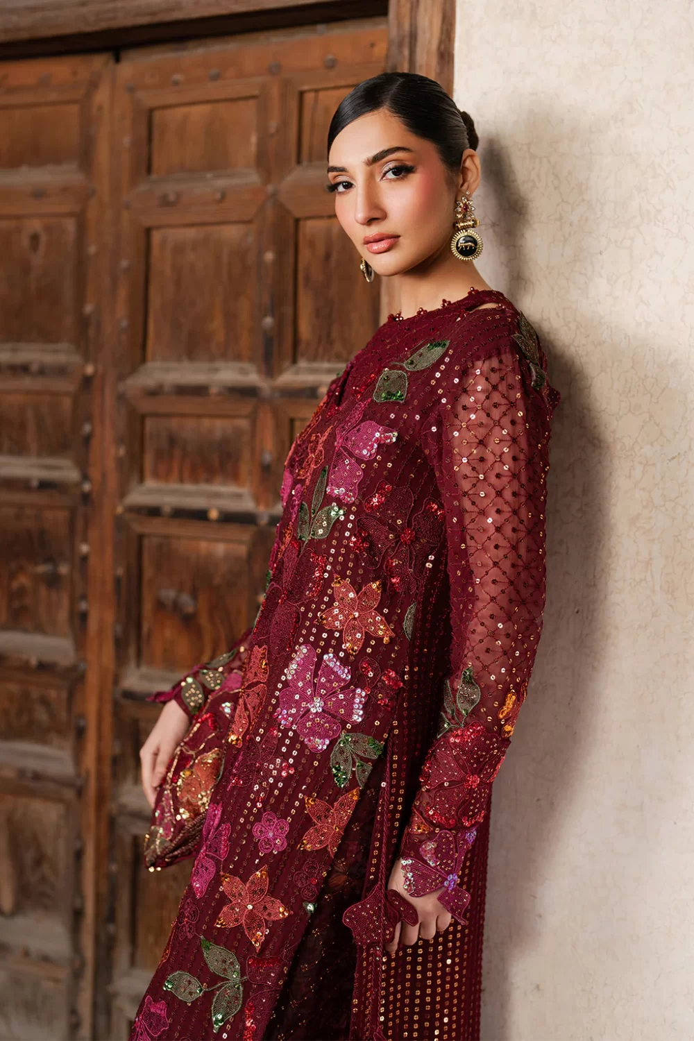 Iznik, luxury chiffon, 25’ , 3 PIECE SUIT , unstitched, chiffon , red , ILC-05, side look