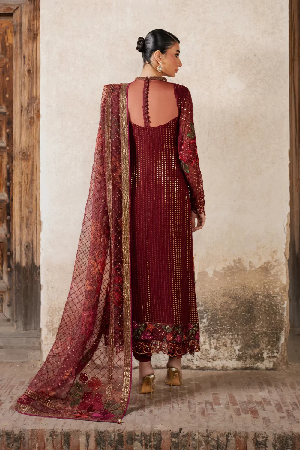 Iznik, luxury chiffon, 25’ , 3 PIECE SUIT , unstitched, chiffon , red , ILC-05, back full size