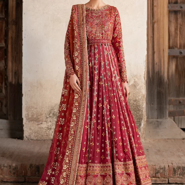Iznik, luxury chiffon, 25’ , 3 PIECE SUIT , unstitched, chiffon , red , ILC-07, llong frock