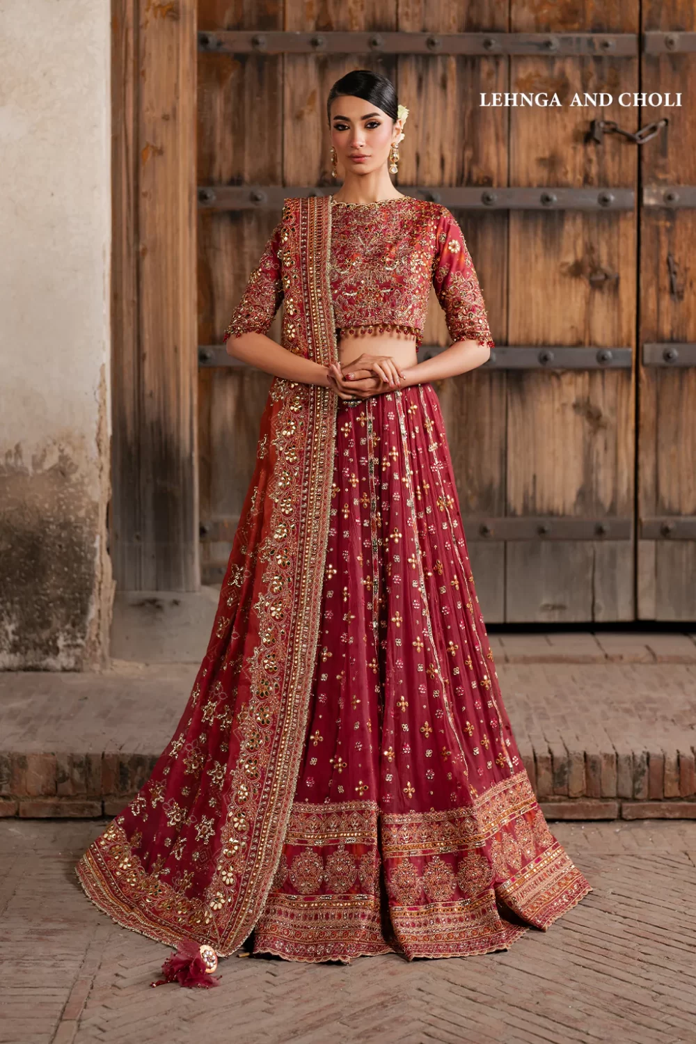 Iznik, luxury chiffon, 25’ , 3 PIECE SUIT , unstitched, chiffon , red , ILC-07, FRONT, lehnga and choli