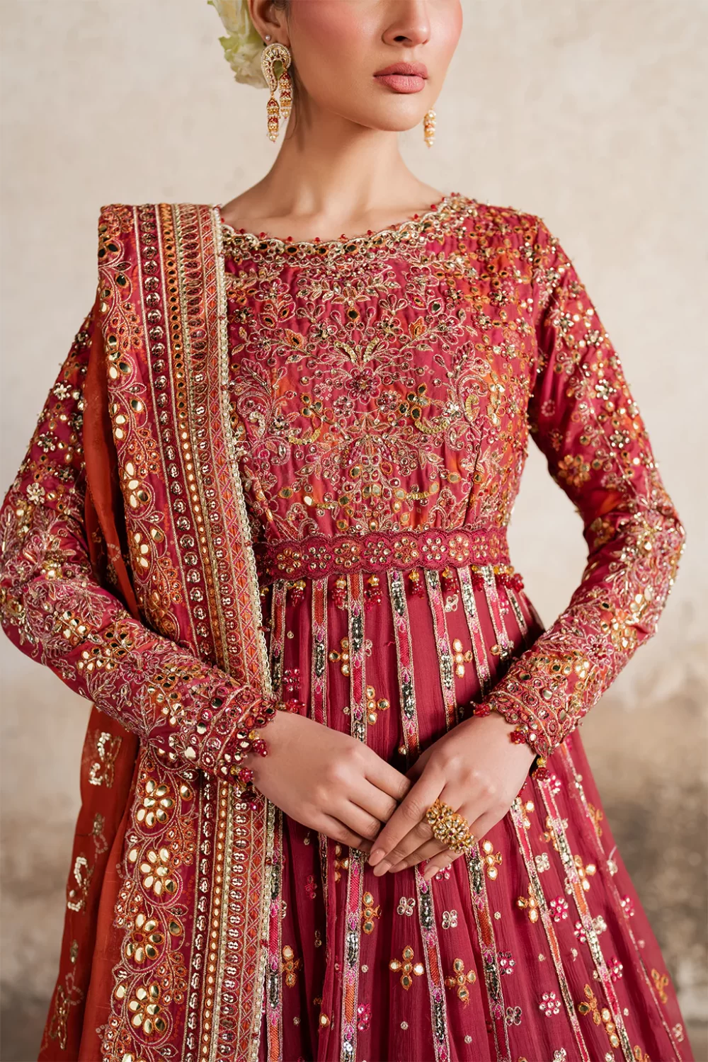 Iznik, luxury chiffon, 25’ , 3 PIECE SUIT , unstitched, chiffon , red , ILC-07, FRONT neck