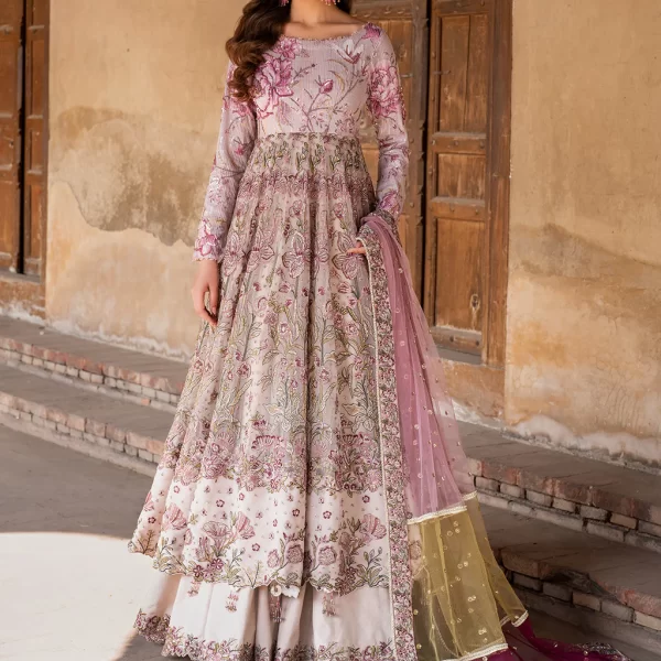 Iznik, luxury chiffon, 25’ , 3 PIECE SUIT , unstitched, chiffon , light pink , ILC-08, FRONT, panel frock with lehenga