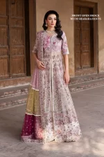 Iznik, luxury chiffon, 25’ , 3 PIECE SUIT , unstitched, chiffon , light pink , ILC-08, FRONT open frock with sharara pant