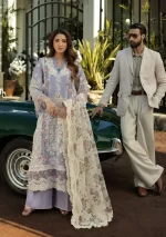 KAHF, luxury lawn 25’ , 3 PIECE SUIT , unstitched, lawn , denim blue color , KLR-01, front
