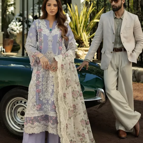 KAHF, luxury lawn 25’ , 3 PIECE SUIT , unstitched, lawn , denim blue color , KLR-01, front