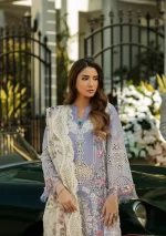 KAHF, luxury lawn 25’ , 3 PIECE SUIT , unstitched, lawn , denim blue color , KLR-01, front shirt