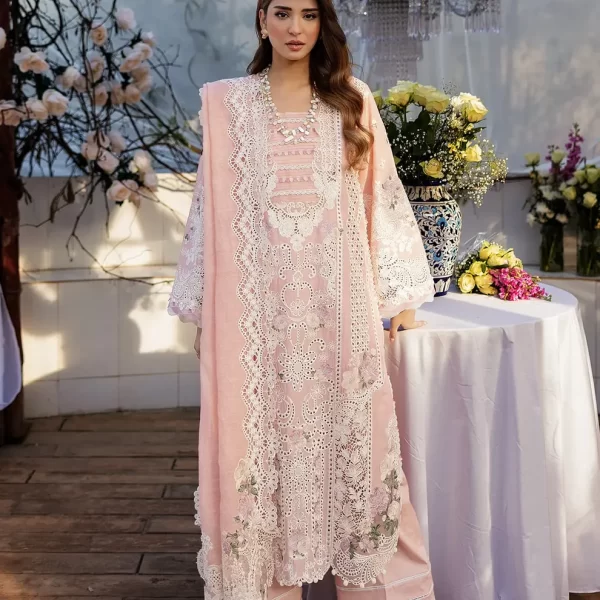 KAHF, luxury lawn 25’ , 3 PIECE SUIT , unstitched, lawn , peach color , KLR-02A, front